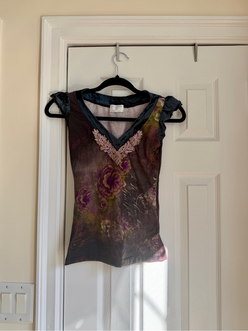 Claire Pettibone Bleu Floral Velvet Fairy tank / short sleeve top, XS